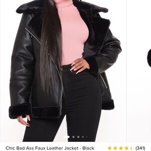 Fashion Nova Black Faux Leather Aviator Jacket with Faux Fur Trim